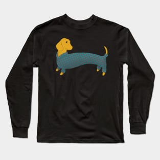 Handsome Golden Dachshund in a Blue and Red Plaid Sweater Long Sleeve T-Shirt